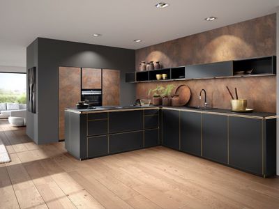 Duitse keuken kopen - leatherlook achterwand - design keukenactie